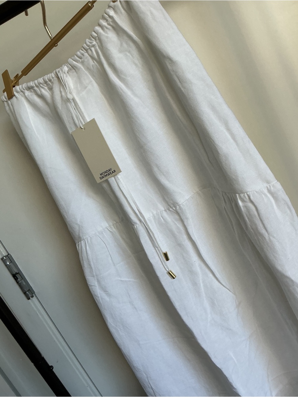 Monday Swimwear White Tiered Maxi Skirt with Drawstring Waist and top